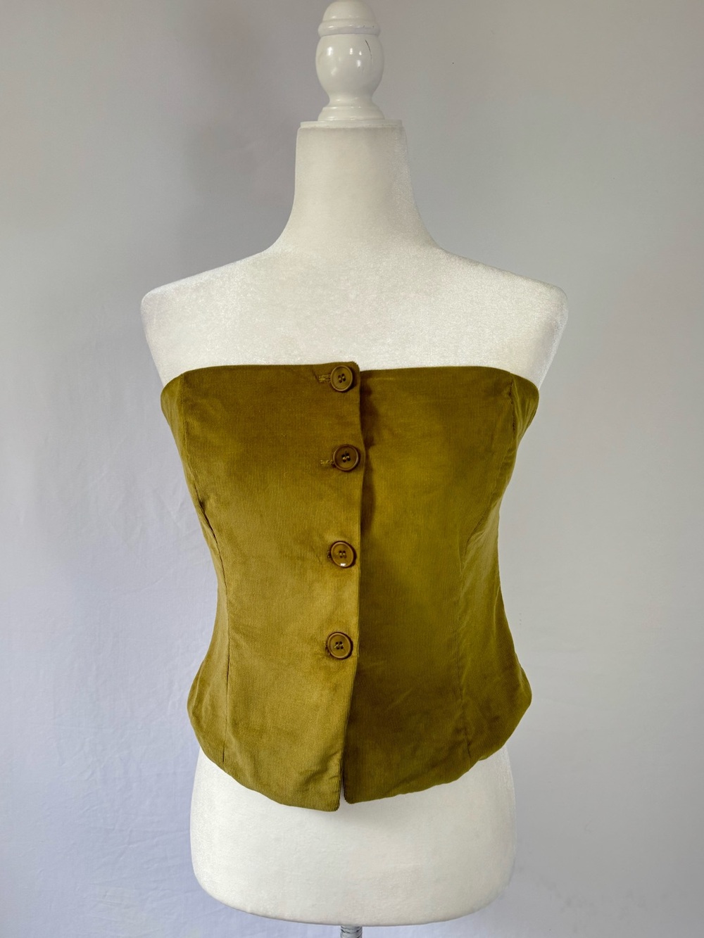 SOU Strapless Corset Top S Olive Green Corduroy Button Front NWT Structured